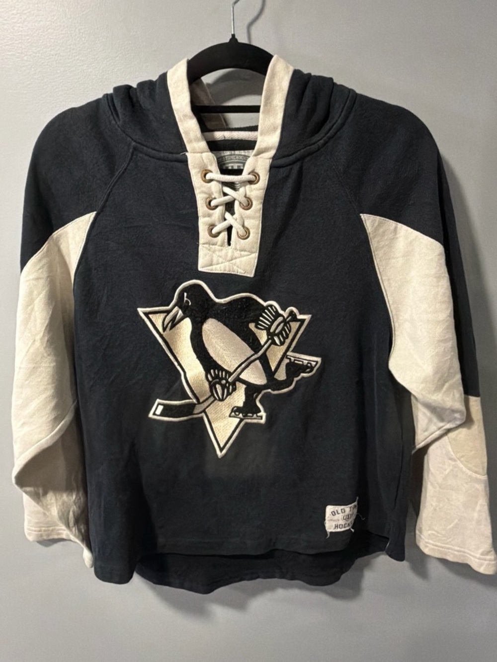 Black & Cream penguins Hockey Pullover Hoodie with Lace-Up Neck